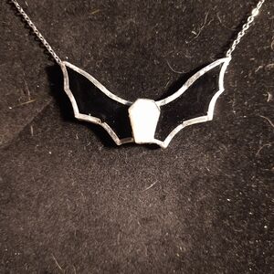 Black stained glass bat moonstone necklace